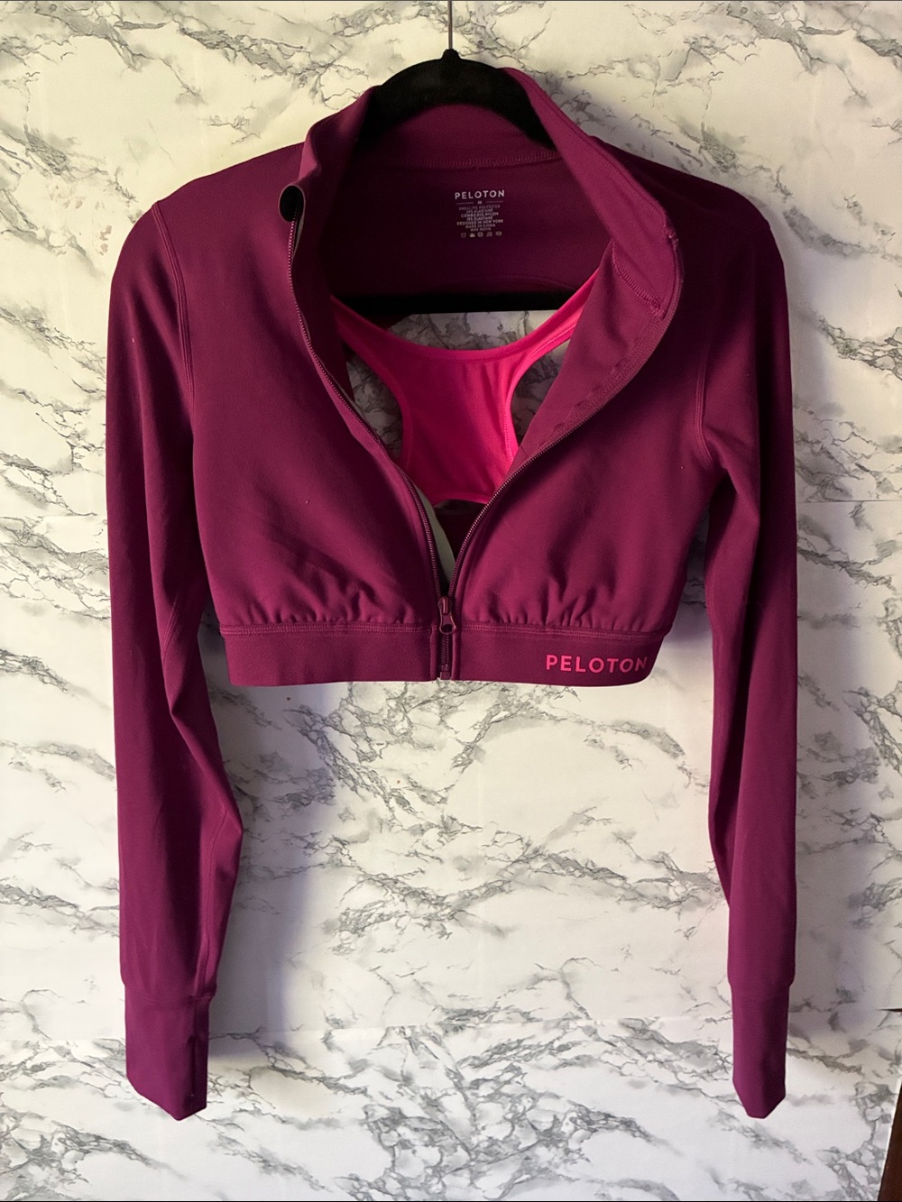 Peloton M Women's Deep Magenta Cropped Zip Jacket with Bright Pink Sports Bra